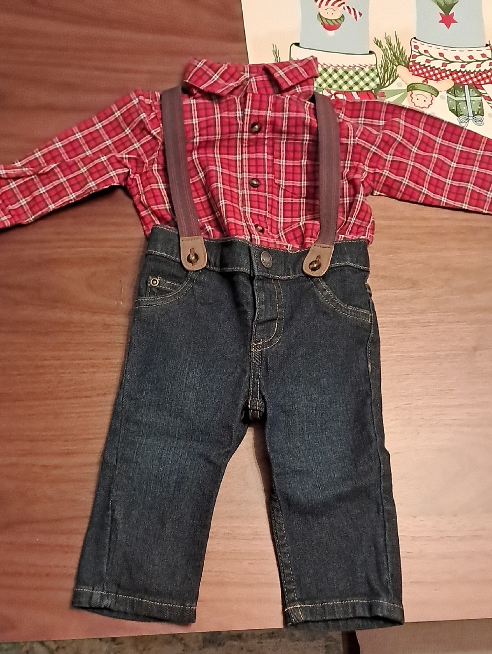 Carter's Red Plaid Shirt with Denim Pants & Suspenders